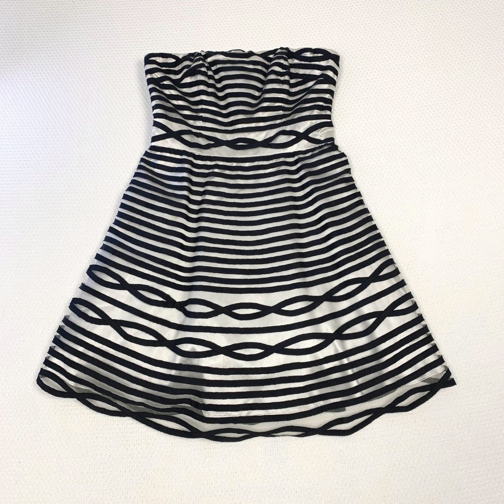 Adrianna Papell Strapless Striped Mesh Fit and Flare Dress White Black Size 4